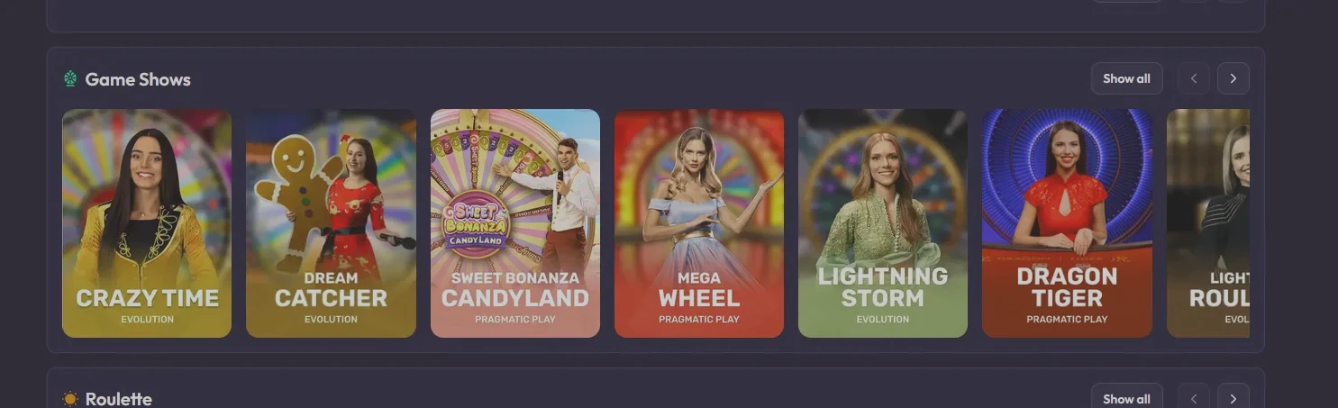 Spinrise live game shows including Crazy Time and Sweet Bonanza Candyland