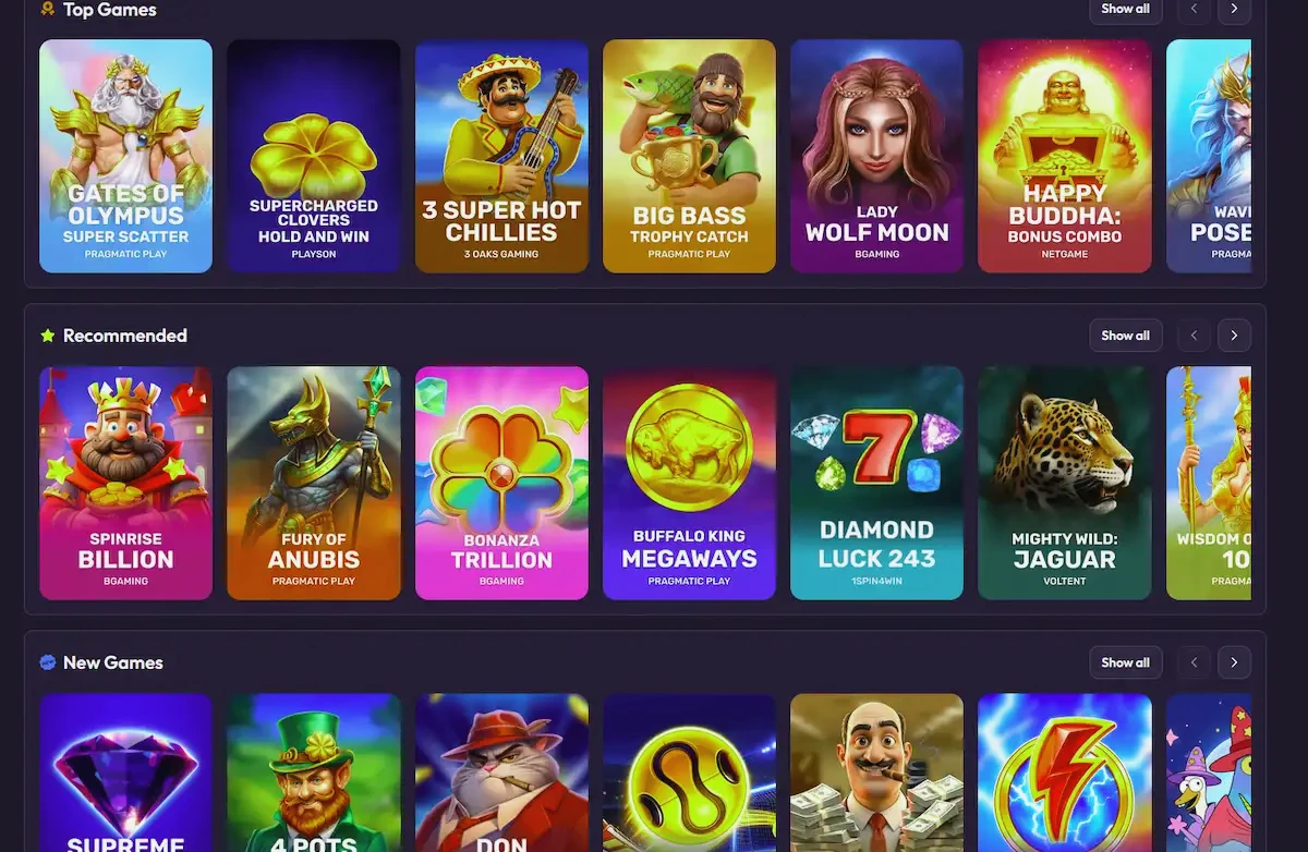 Top pokies and new releases in the Spinrise casino lobby
